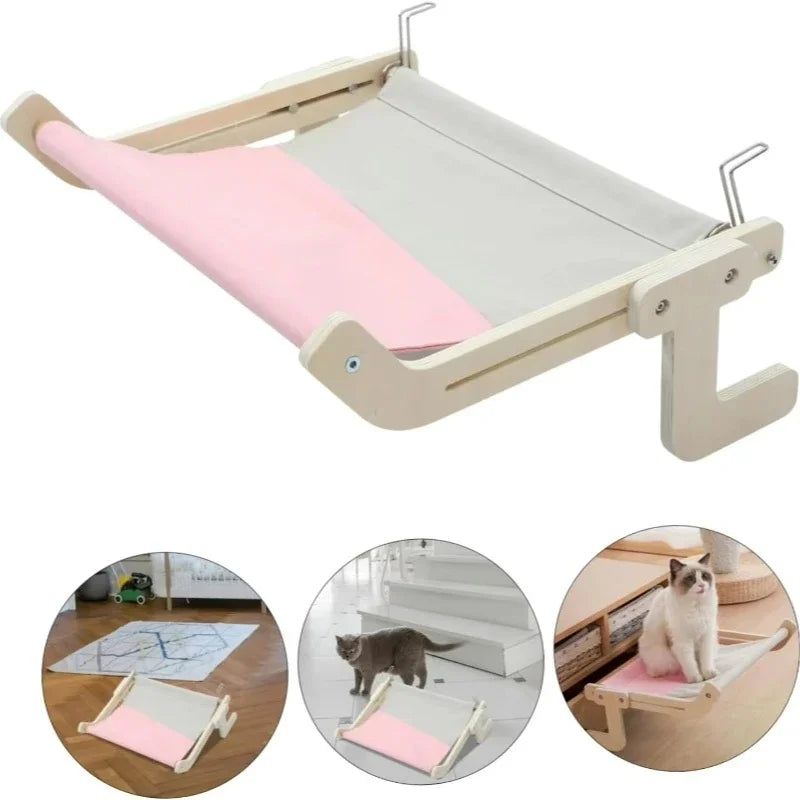 Window-Mounted Cat Hammock with Wooden Stand