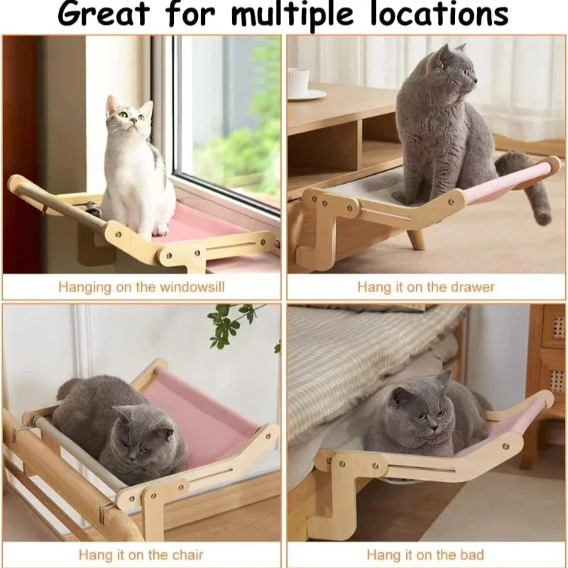 Window-Mounted Cat Hammock with Wooden Stand