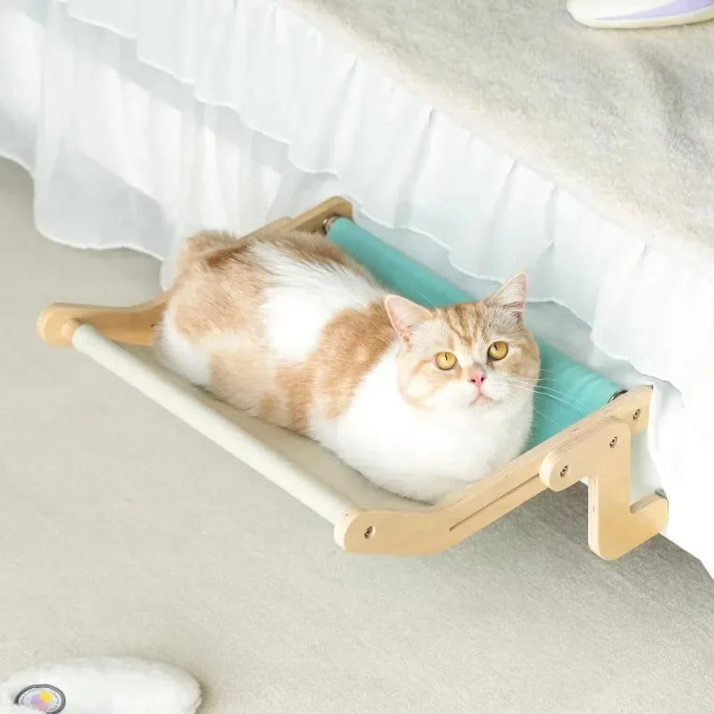 Window-Mounted Cat Hammock with Wooden Stand